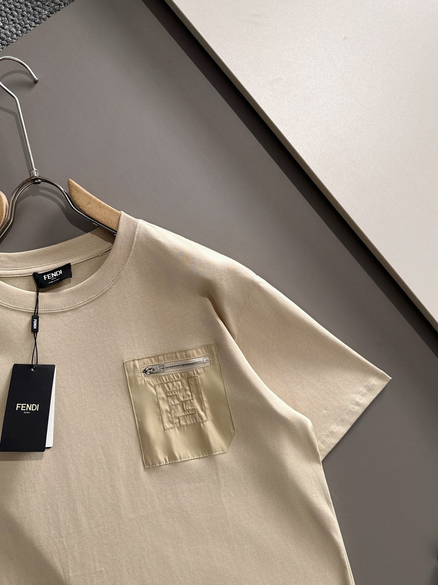 Fendi Flocked Double F Logo Zipper Pocket T-Shirt – 2025SS