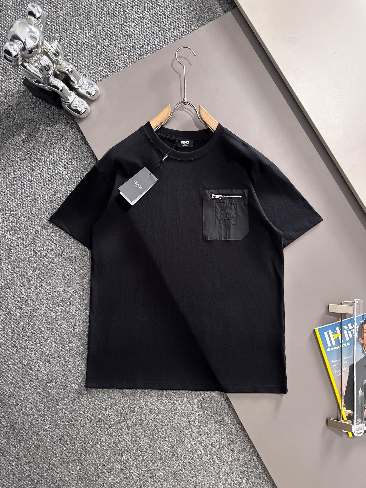 Fendi Flocked Double F Logo Zipper Pocket T-Shirt – 2025SS