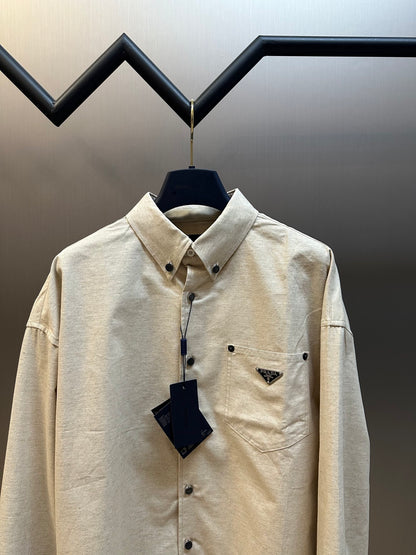 Prada Linen-Cotton Triangle Logo Shirt