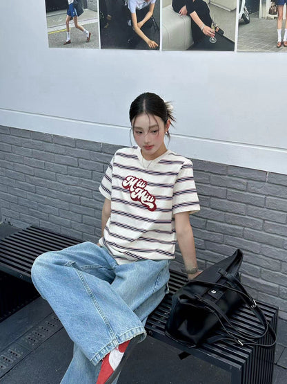 Miu Miu Embroidered Striped T-Shirt