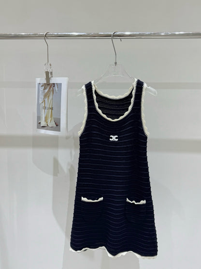 Celine Triomphe Embroidered Knitted Vest Dress
