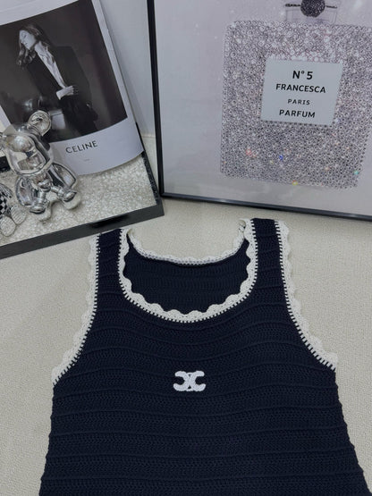 Celine Triomphe Embroidered Knitted Vest Dress