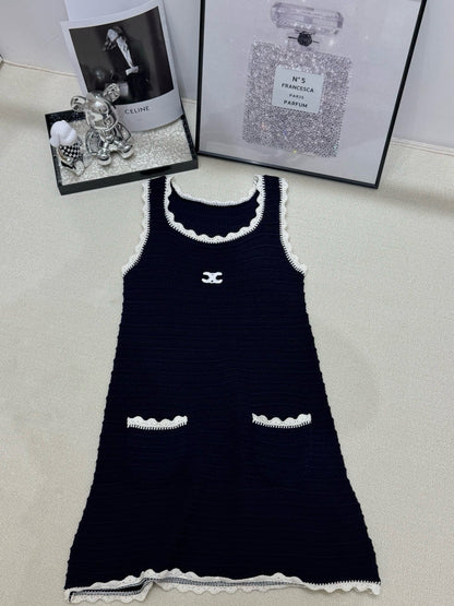 Celine Triomphe Embroidered Knitted Vest Dress