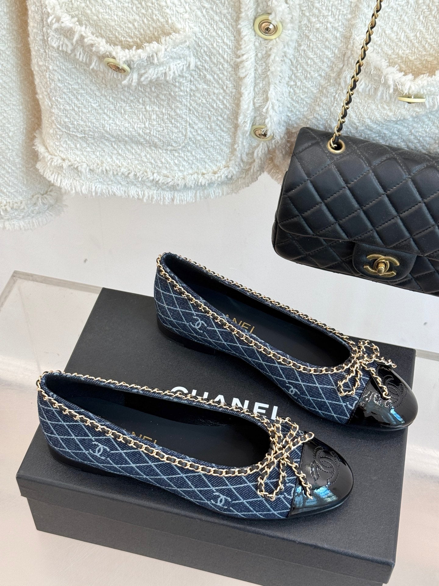 Chanel Classic Double C Chain Bow Ballet Flats