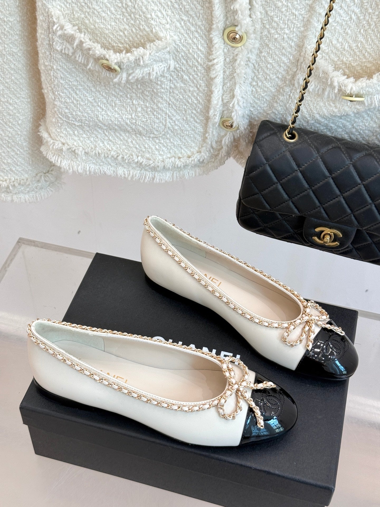 Chanel Classic Double C Chain Bow Ballet Flats