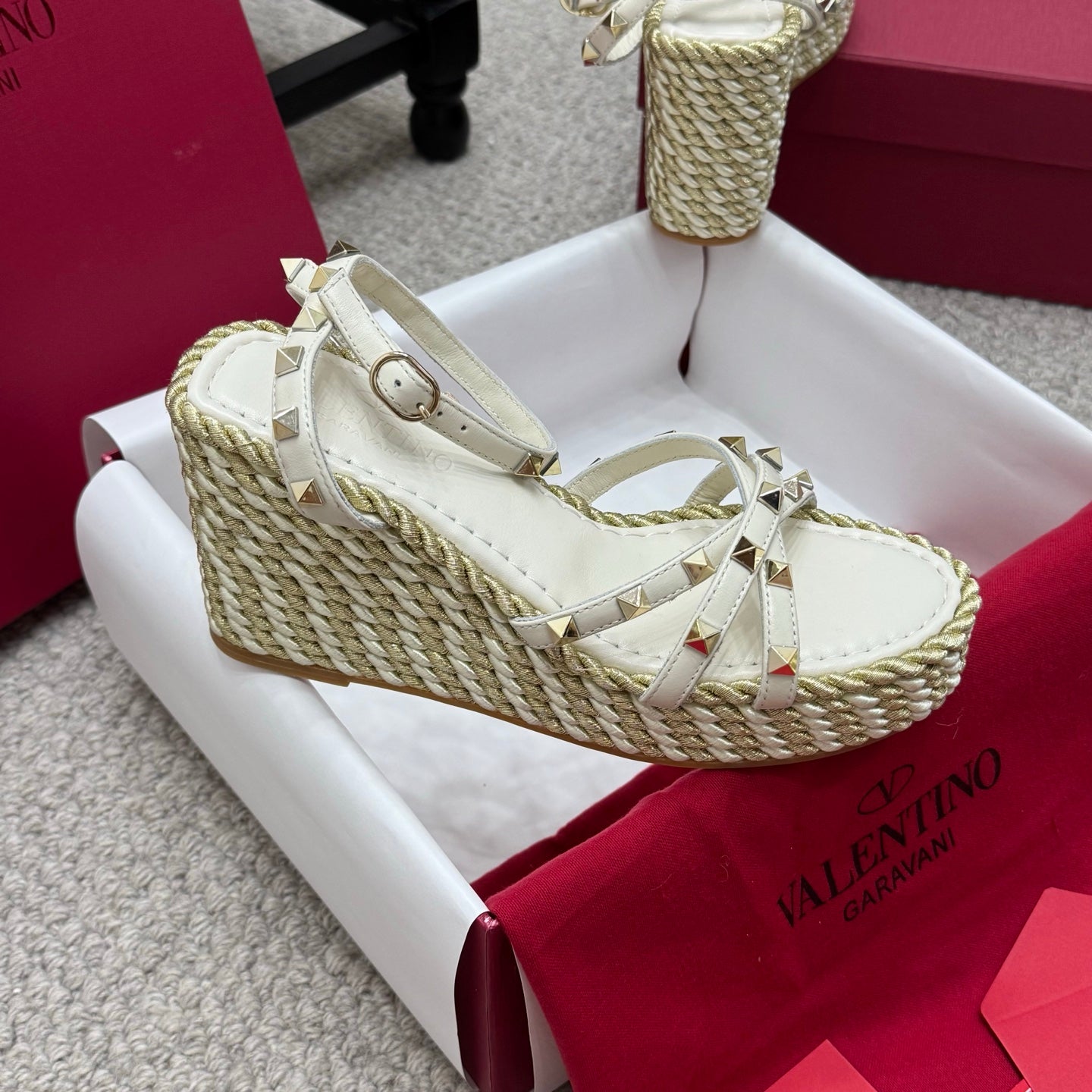 Valentino Rivet Hemp Rope Woven Wedge Sandals – Spring/Summer Collection