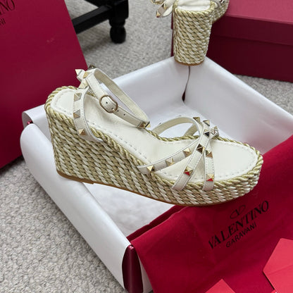 Valentino Rivet Hemp Rope Woven Wedge Sandals – Spring/Summer Collection