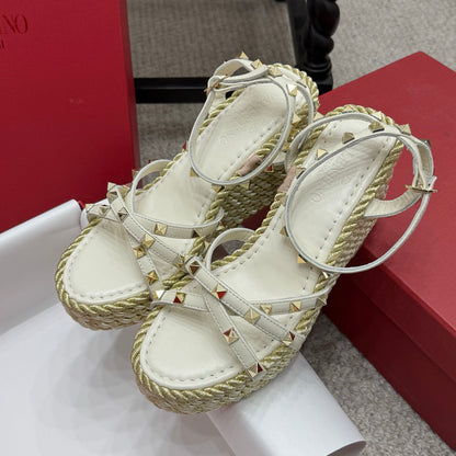 Valentino Rivet Hemp Rope Woven Wedge Sandals – Spring/Summer Collection