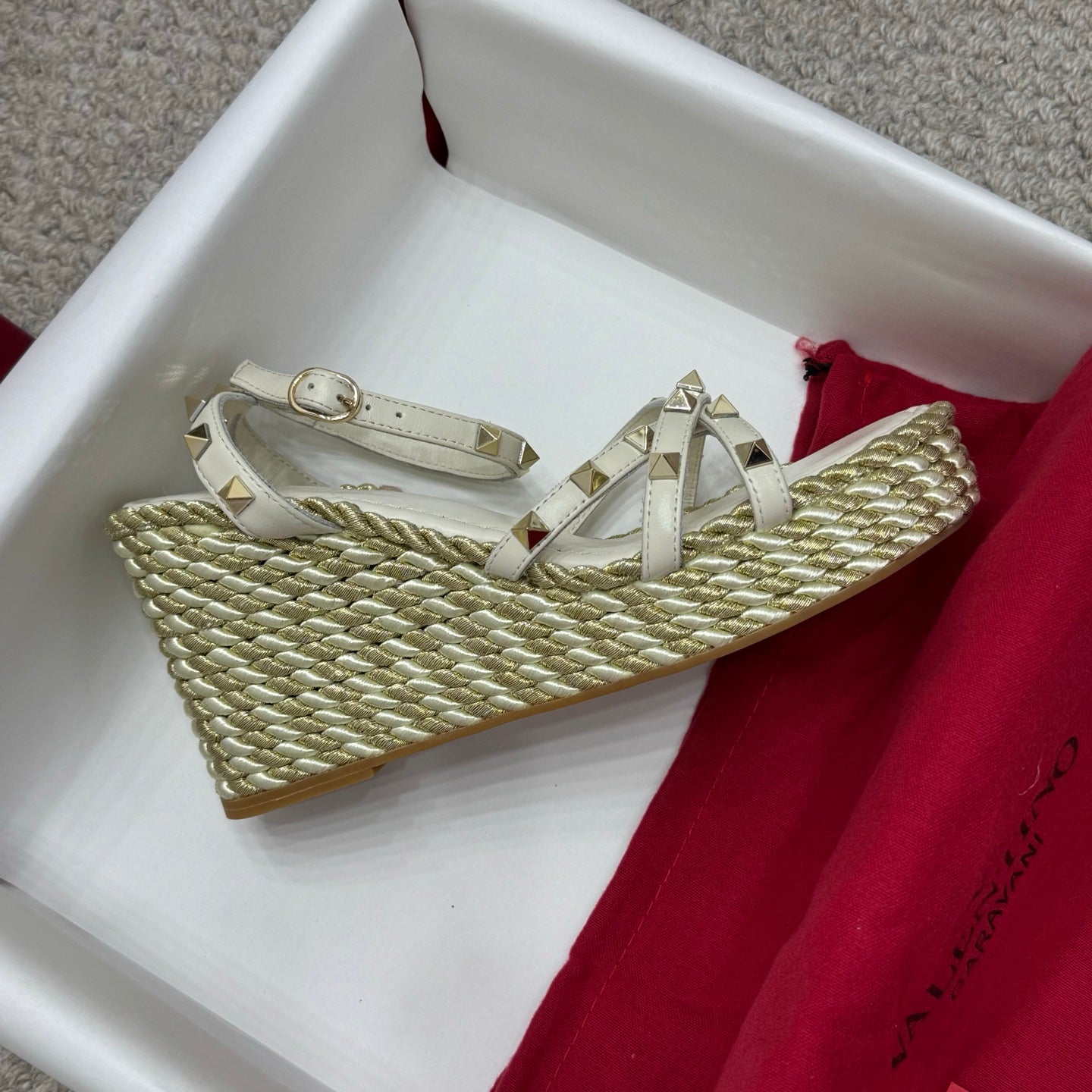 Valentino Rivet Hemp Rope Woven Wedge Sandals – Spring/Summer Collection