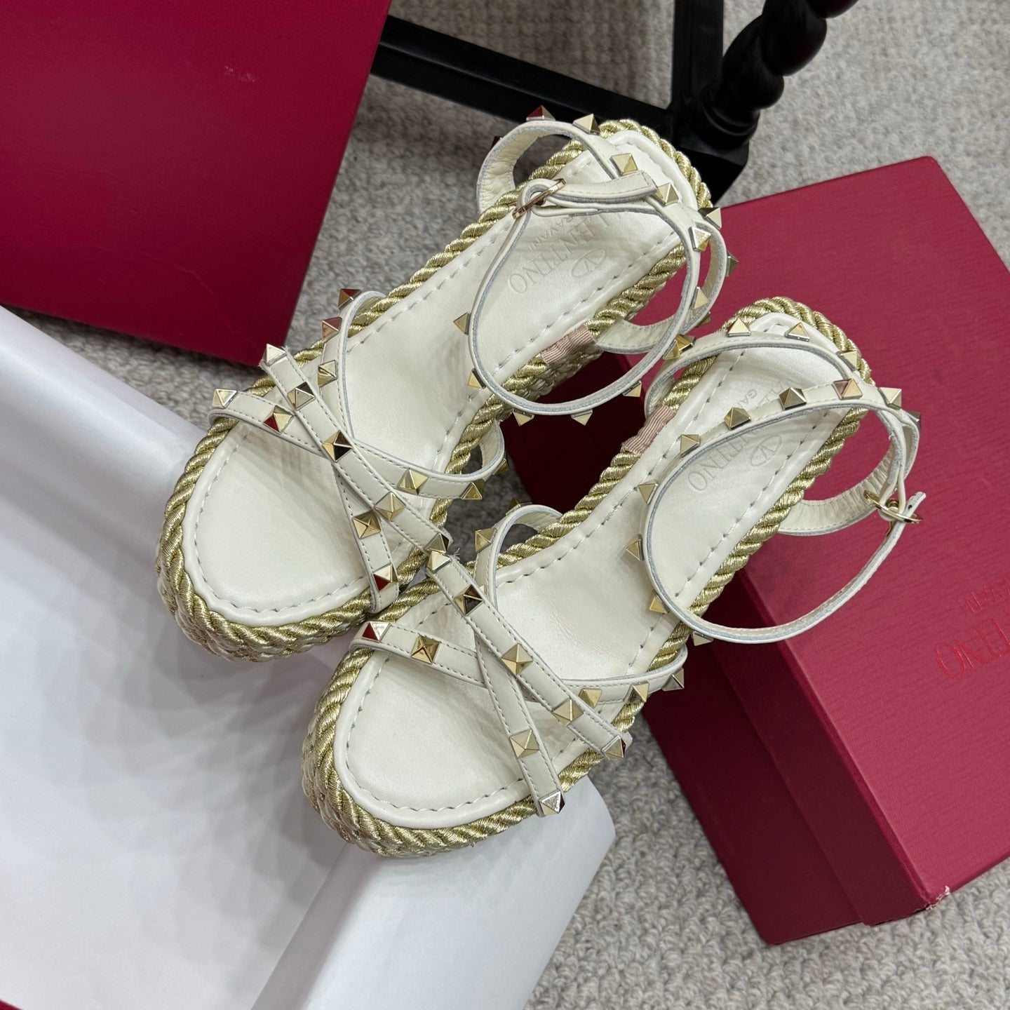 Valentino Rivet Hemp Rope Woven Wedge Sandals – Spring/Summer Collection