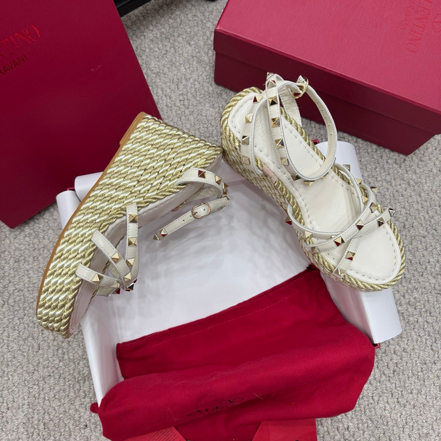 Valentino Rivet Hemp Rope Woven Wedge Sandals – Spring/Summer Collection