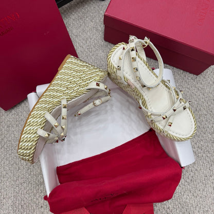 Valentino Rivet Hemp Rope Woven Wedge Sandals – Spring/Summer Collection