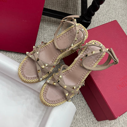 Valentino Rivet Hemp Rope Woven Wedge Sandals – Spring/Summer Collection