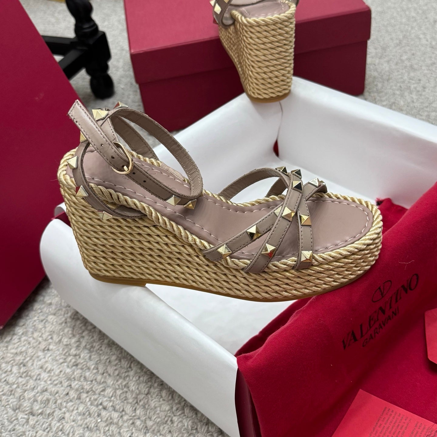 Valentino Rivet Hemp Rope Woven Wedge Sandals – Spring/Summer Collection