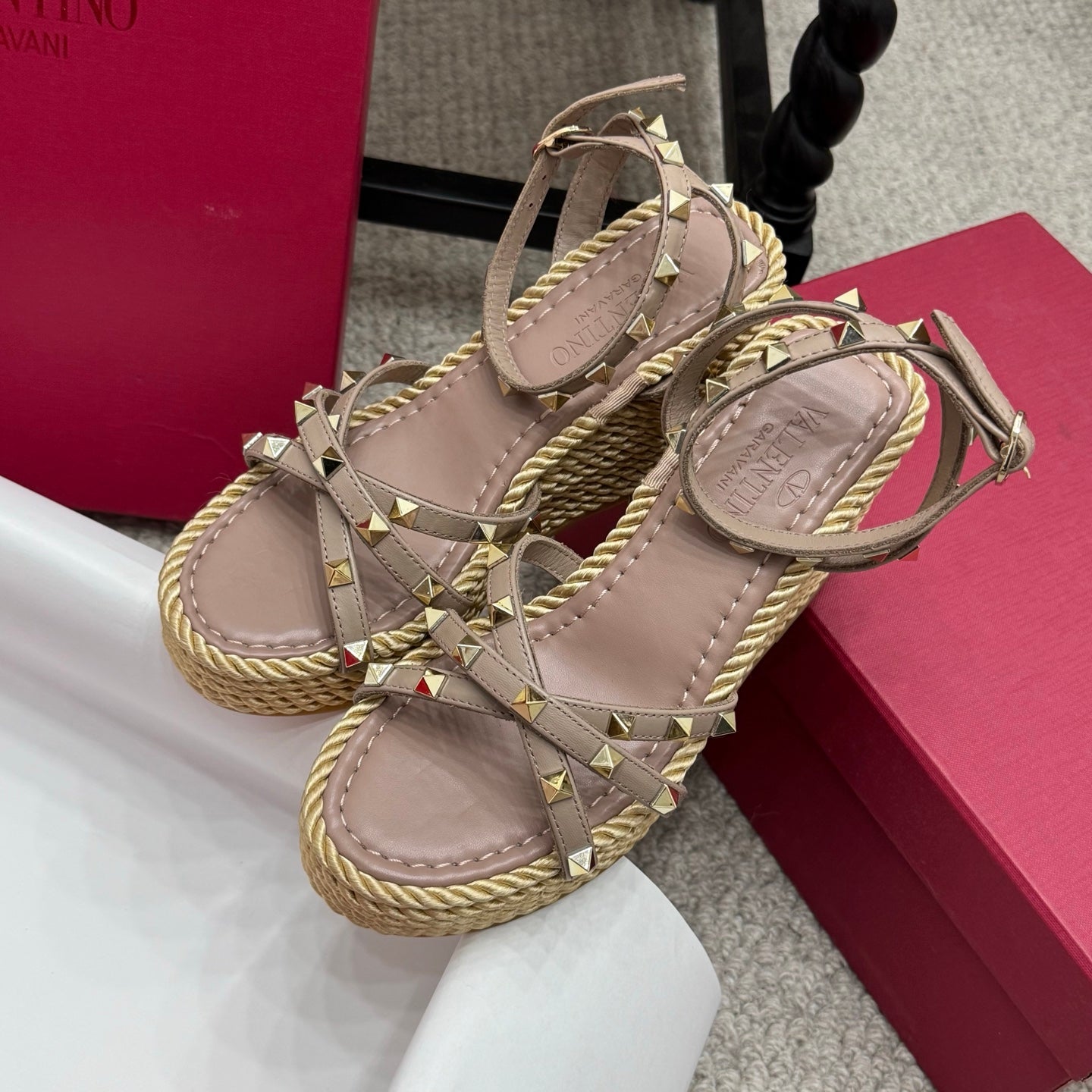 Valentino Rivet Hemp Rope Woven Wedge Sandals – Spring/Summer Collection