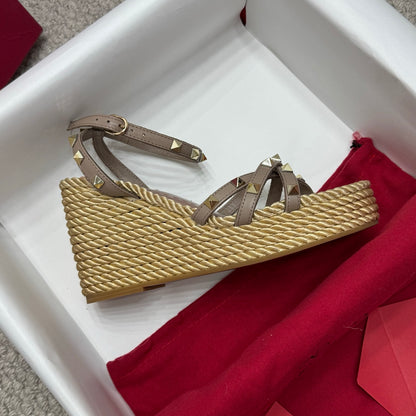 Valentino Rivet Hemp Rope Woven Wedge Sandals – Spring/Summer Collection