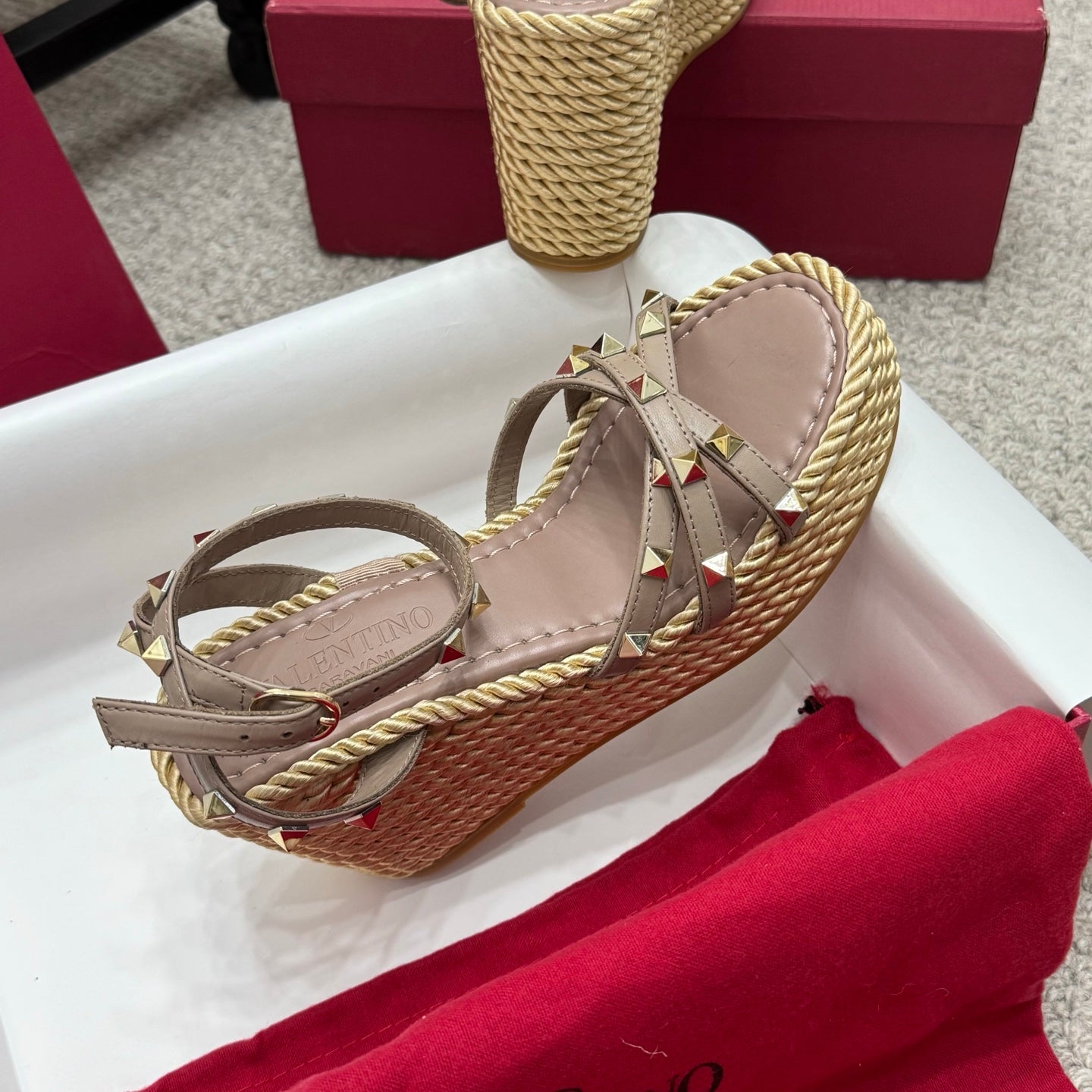 Valentino Rivet Hemp Rope Woven Wedge Sandals – Spring/Summer Collection