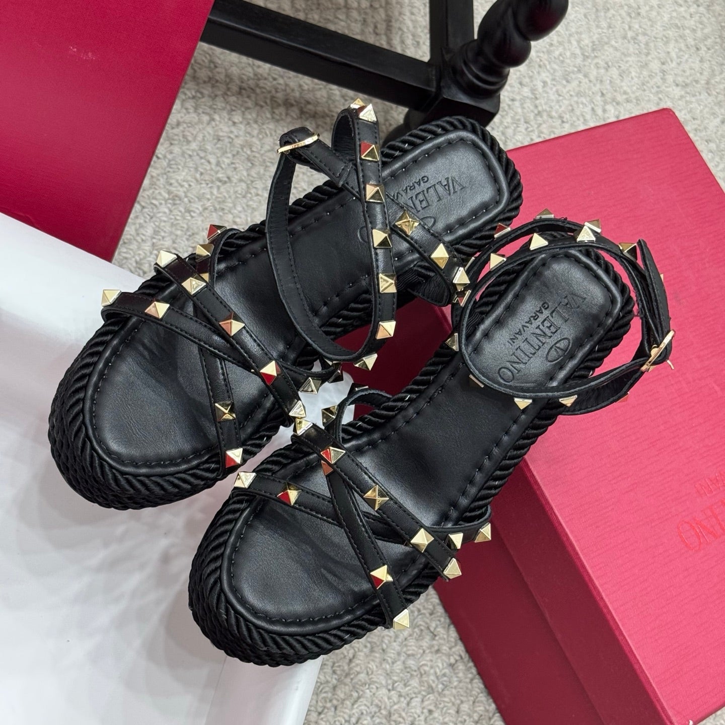 Valentino Rivet Hemp Rope Woven Wedge Sandals – Spring/Summer Collection