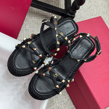 Valentino Rivet Hemp Rope Woven Wedge Sandals – Spring/Summer Collection