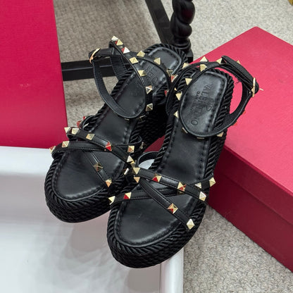 Valentino Rivet Hemp Rope Woven Wedge Sandals – Spring/Summer Collection