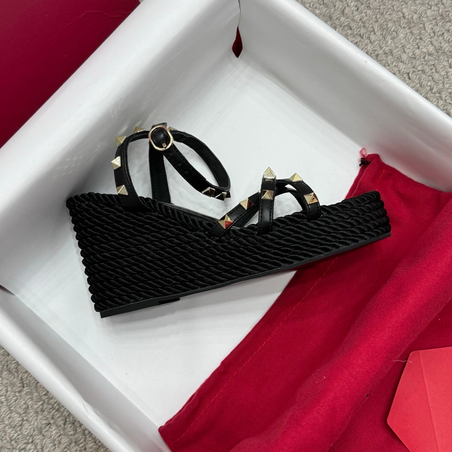 Valentino Rivet Hemp Rope Woven Wedge Sandals – Spring/Summer Collection