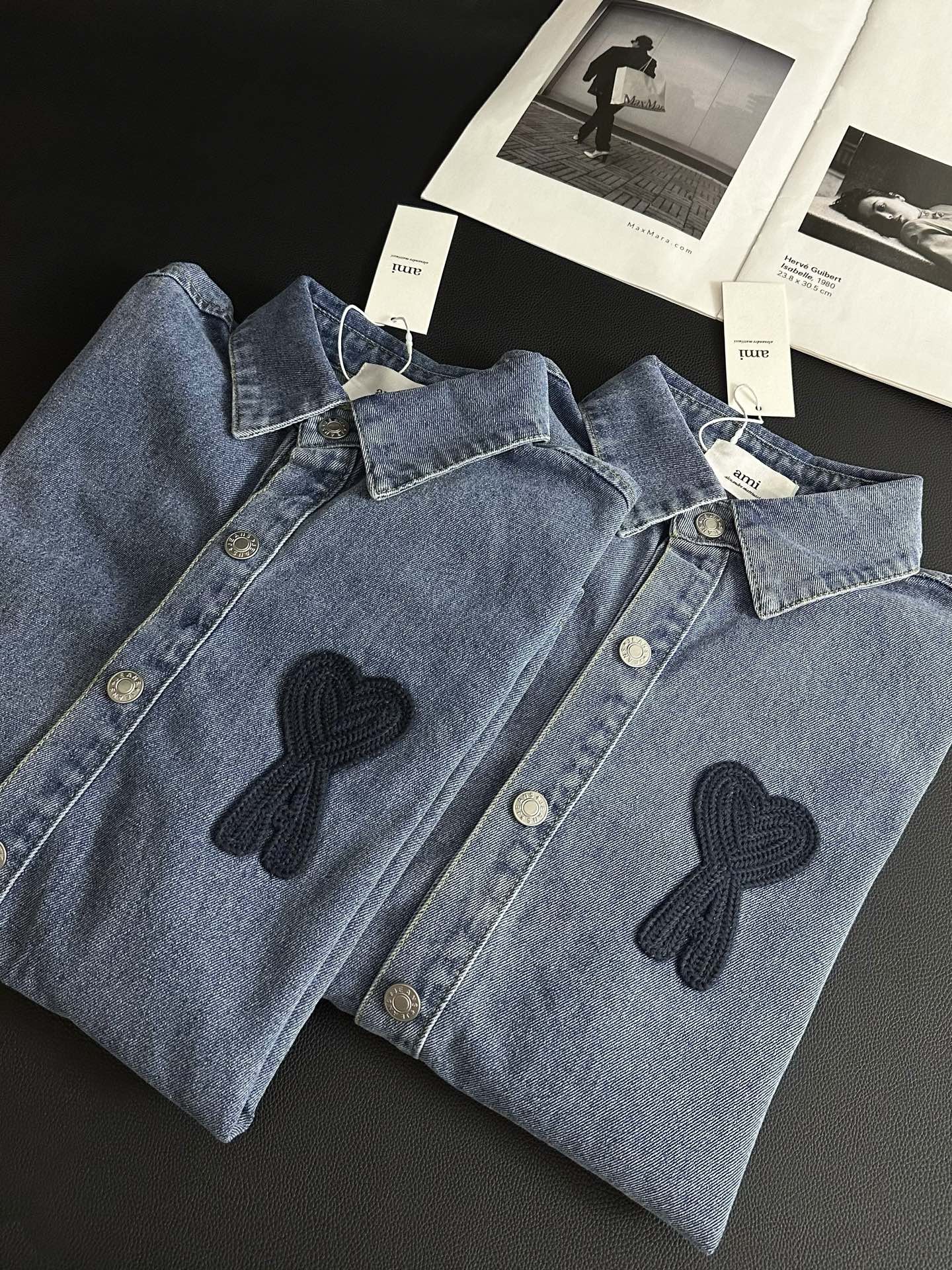 AMI Paris Heart Embroidery Distressed Denim Jacket
