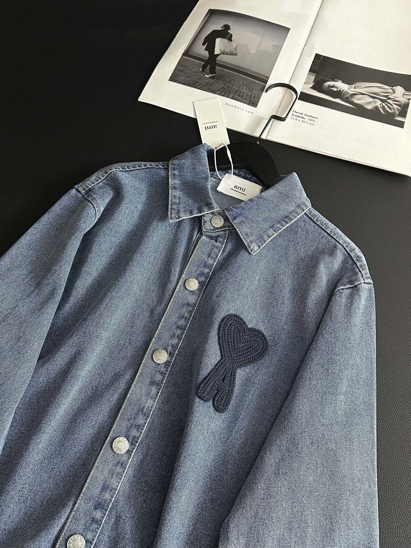 AMI Paris Heart Embroidery Distressed Denim Jacket