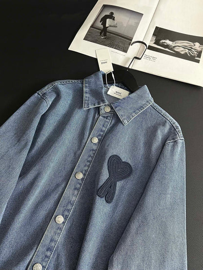 AMI Paris Heart Embroidery Distressed Denim Jacket