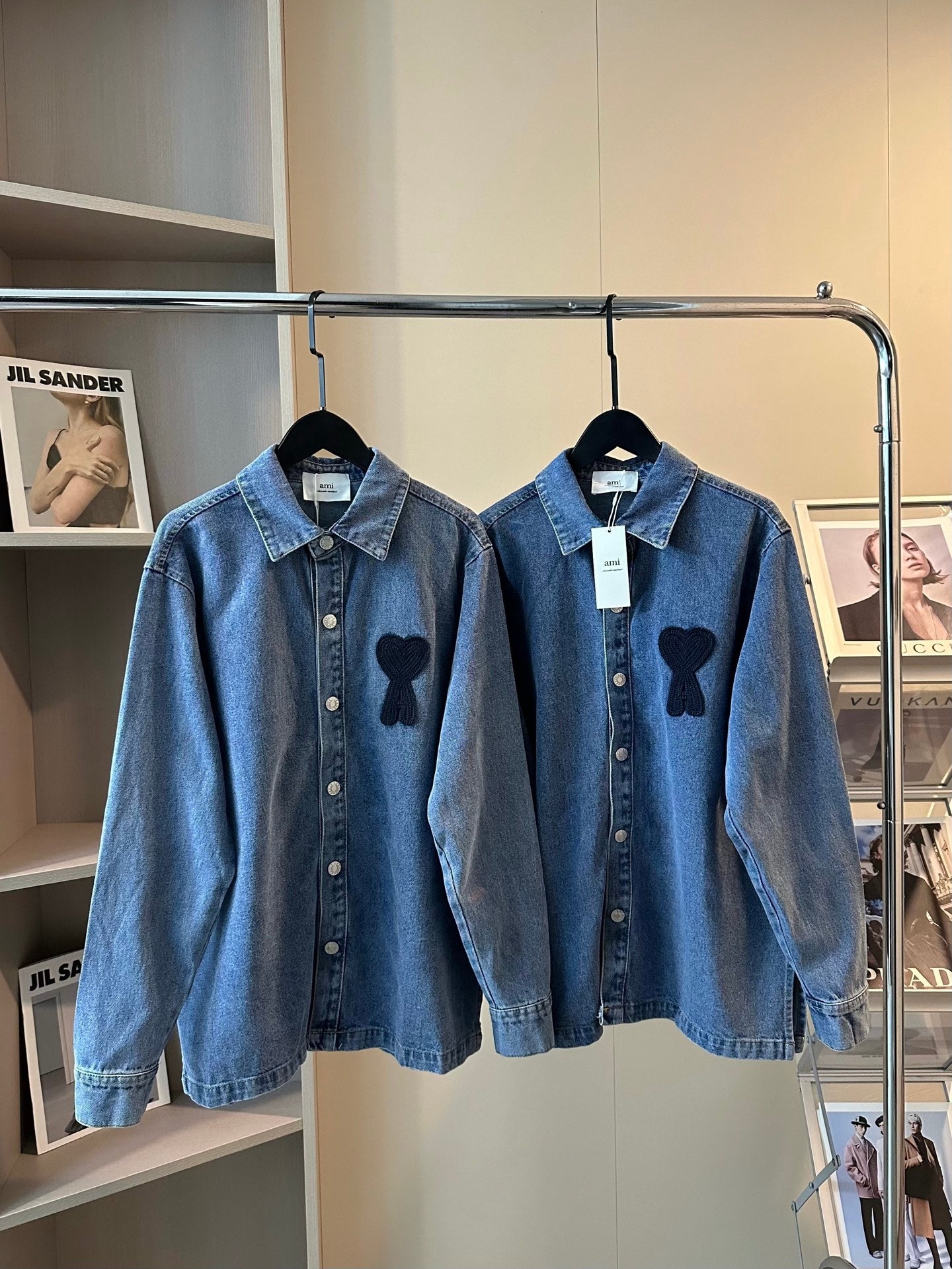AMI Paris Heart Embroidery Distressed Denim Jacket