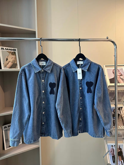 AMI Paris Heart Embroidery Distressed Denim Jacket