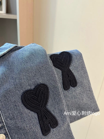 AMI Paris Heart Embroidery Distressed Denim Jacket