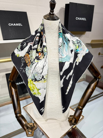 Chanel 2025 Silk Twill Double-Sided Hand-Rolled Scarf
