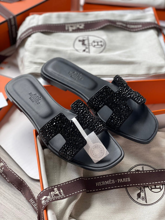 Hermès Oran H Slippers with Rhinestones