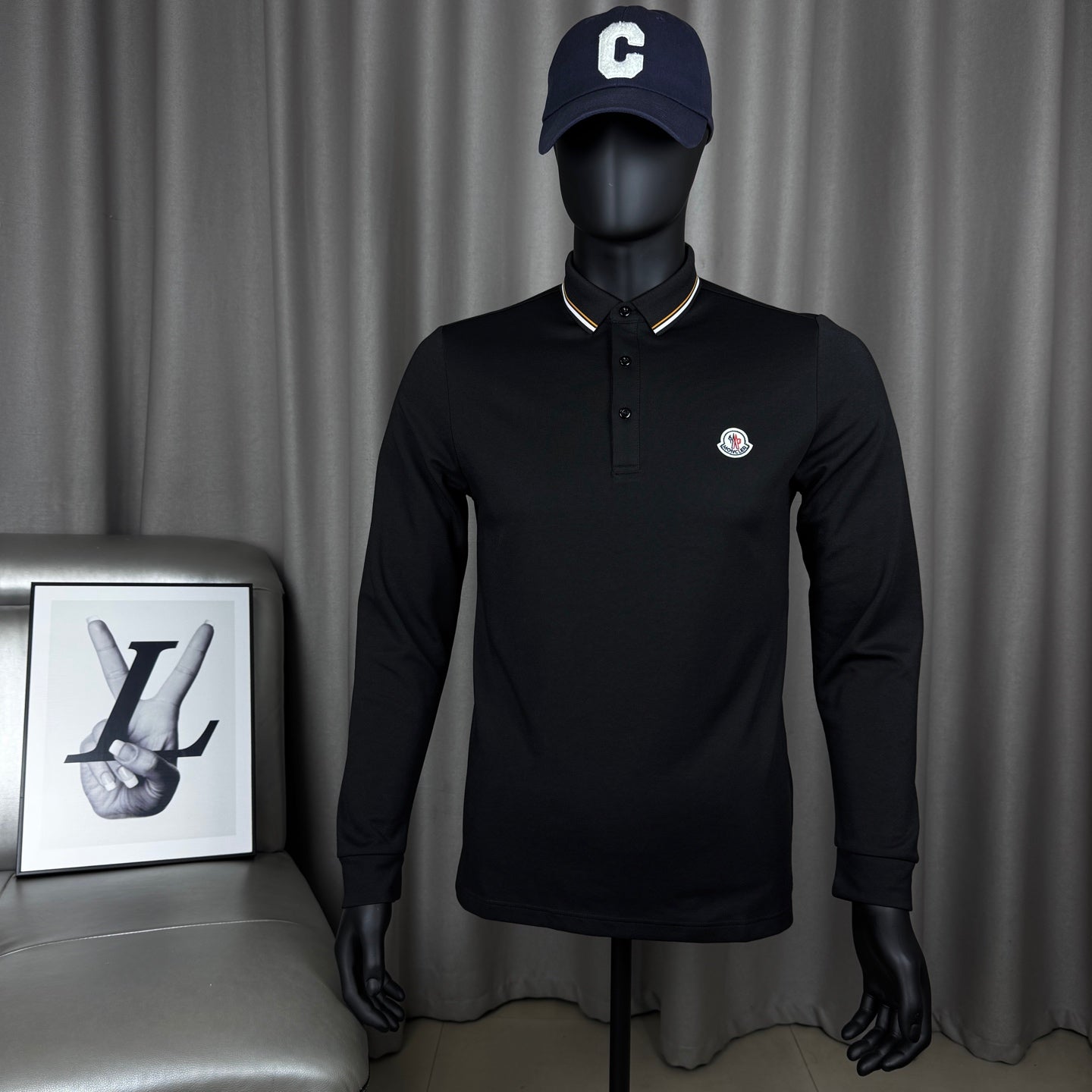 Moncler Classic Striped Collar Embroidered Long Sleeve Polo Shirt – Spring/Autumn Collection