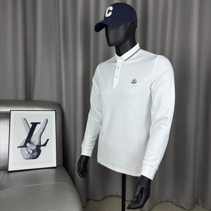 Moncler Classic Striped Collar Embroidered Long Sleeve Polo Shirt – Spring/Autumn Collection