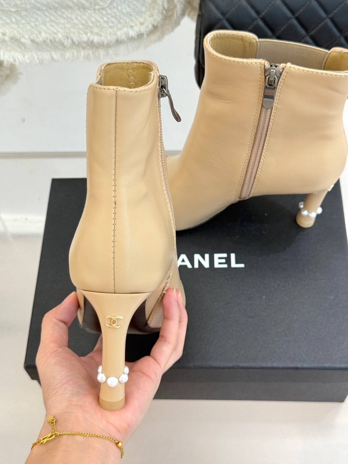 Chanel Classic Color-Block Pearl Heel Ankle Boots