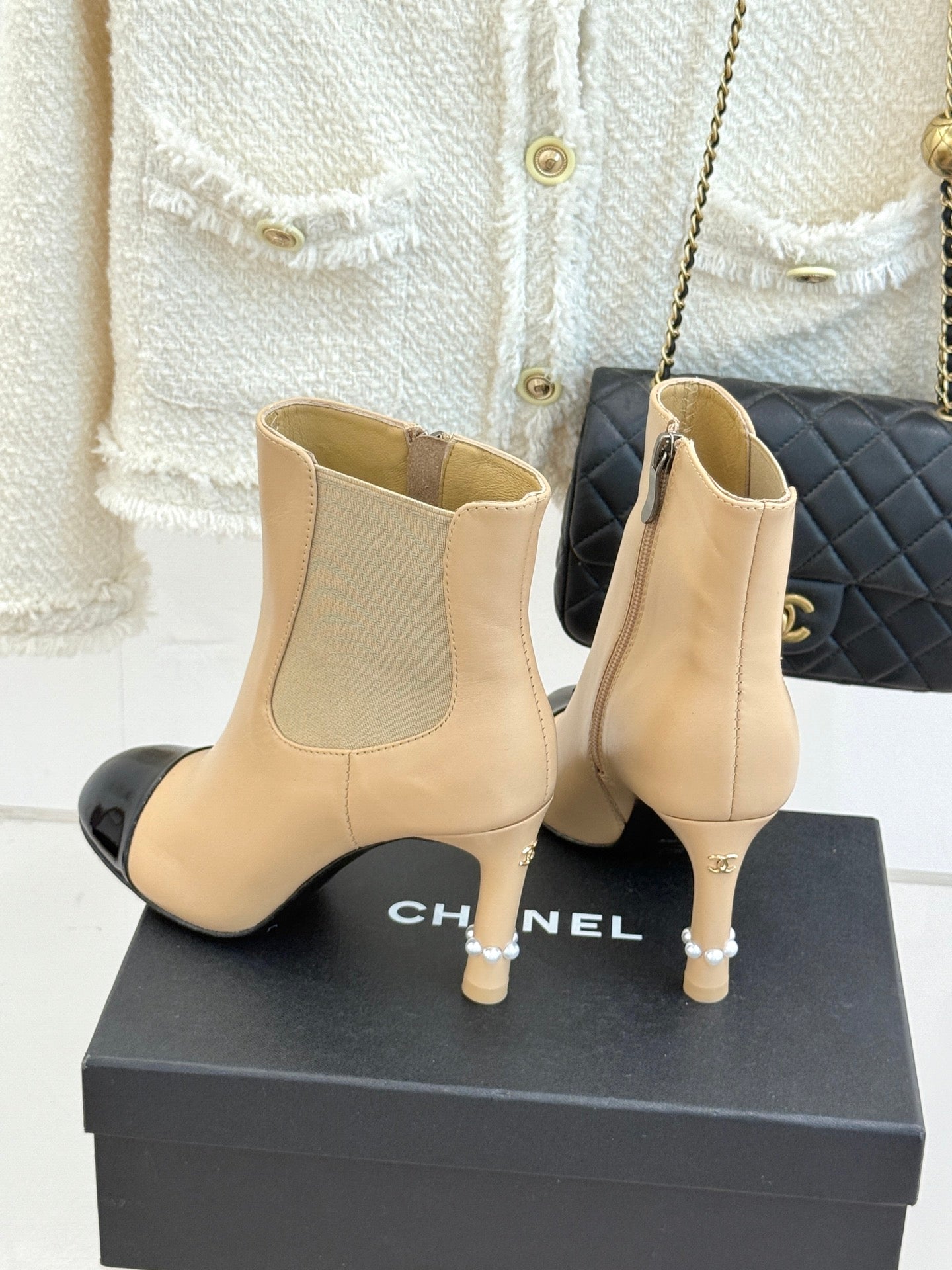 Chanel Classic Color-Block Pearl Heel Ankle Boots