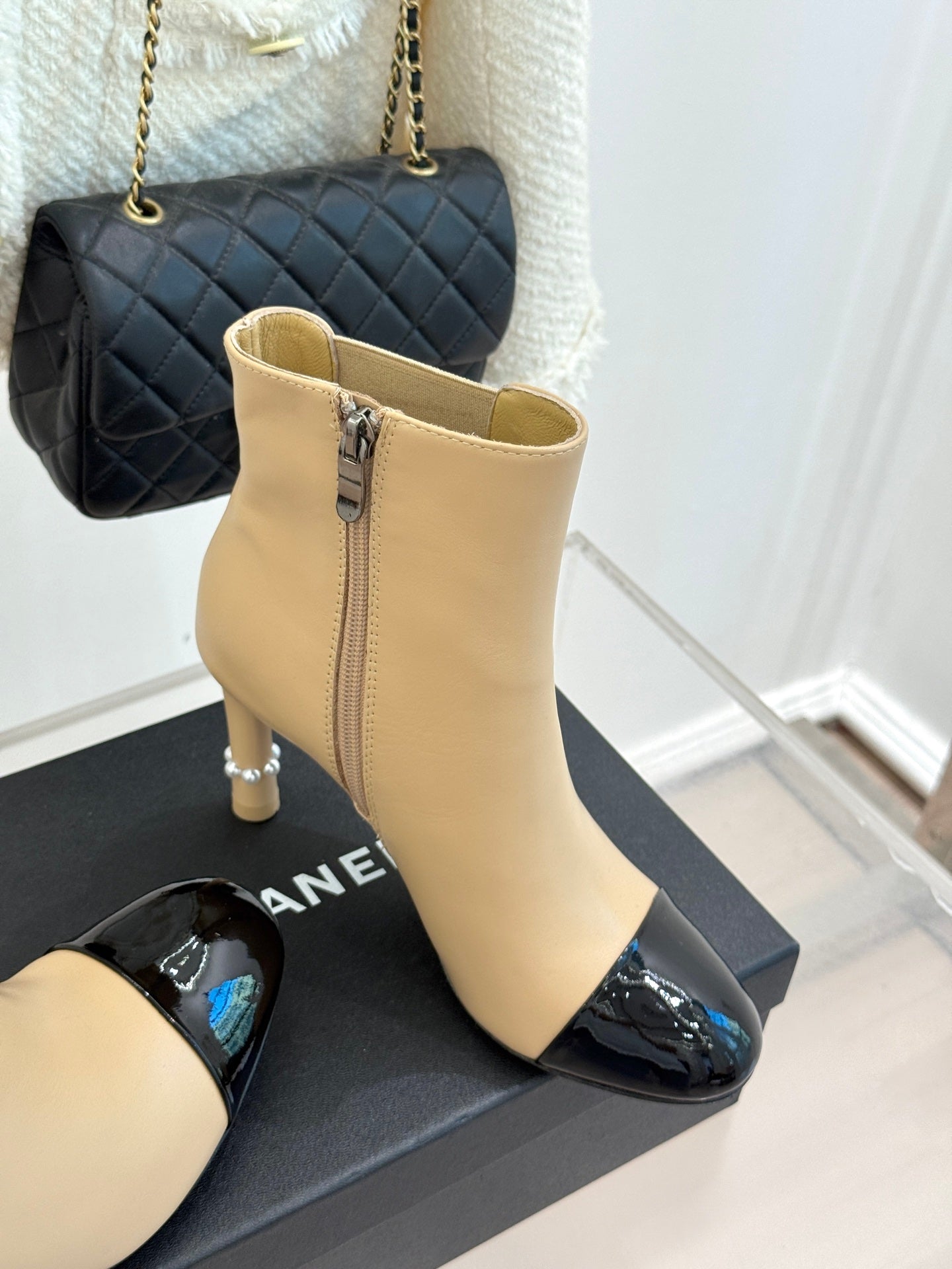 Chanel Classic Color-Block Pearl Heel Ankle Boots
