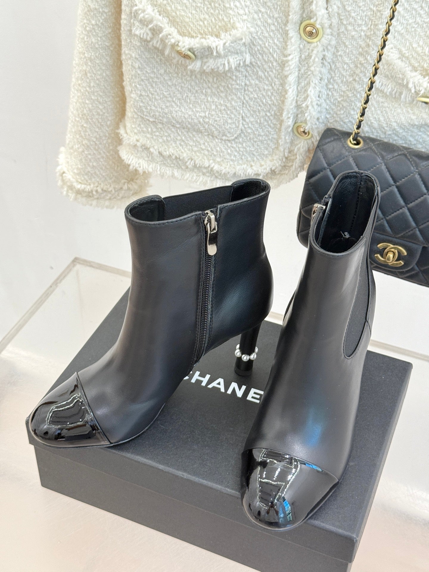 Chanel Classic Color-Block Pearl Heel Ankle Boots