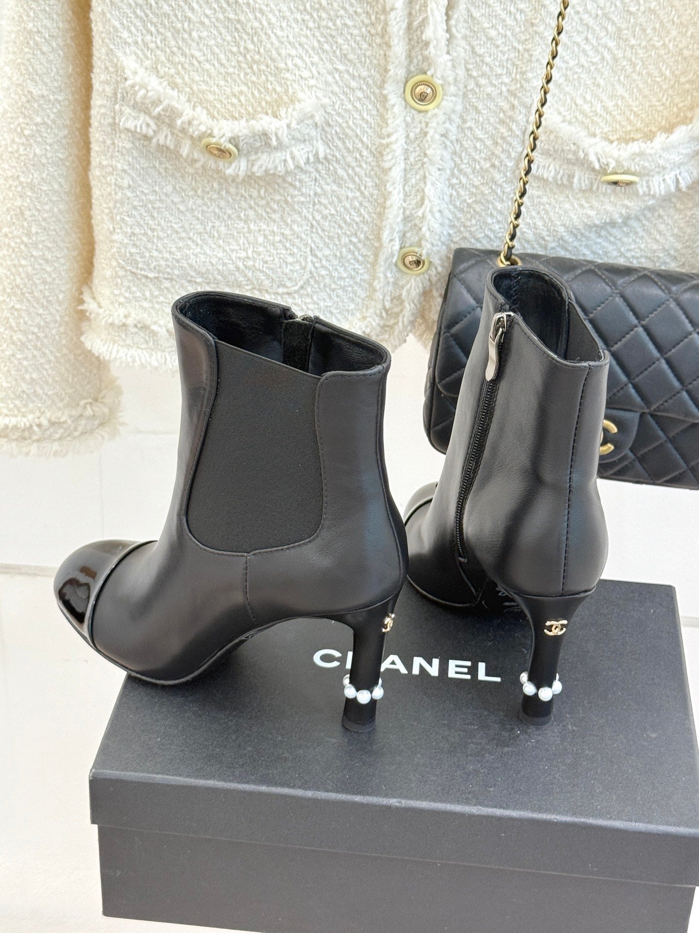 Chanel Classic Color-Block Pearl Heel Ankle Boots