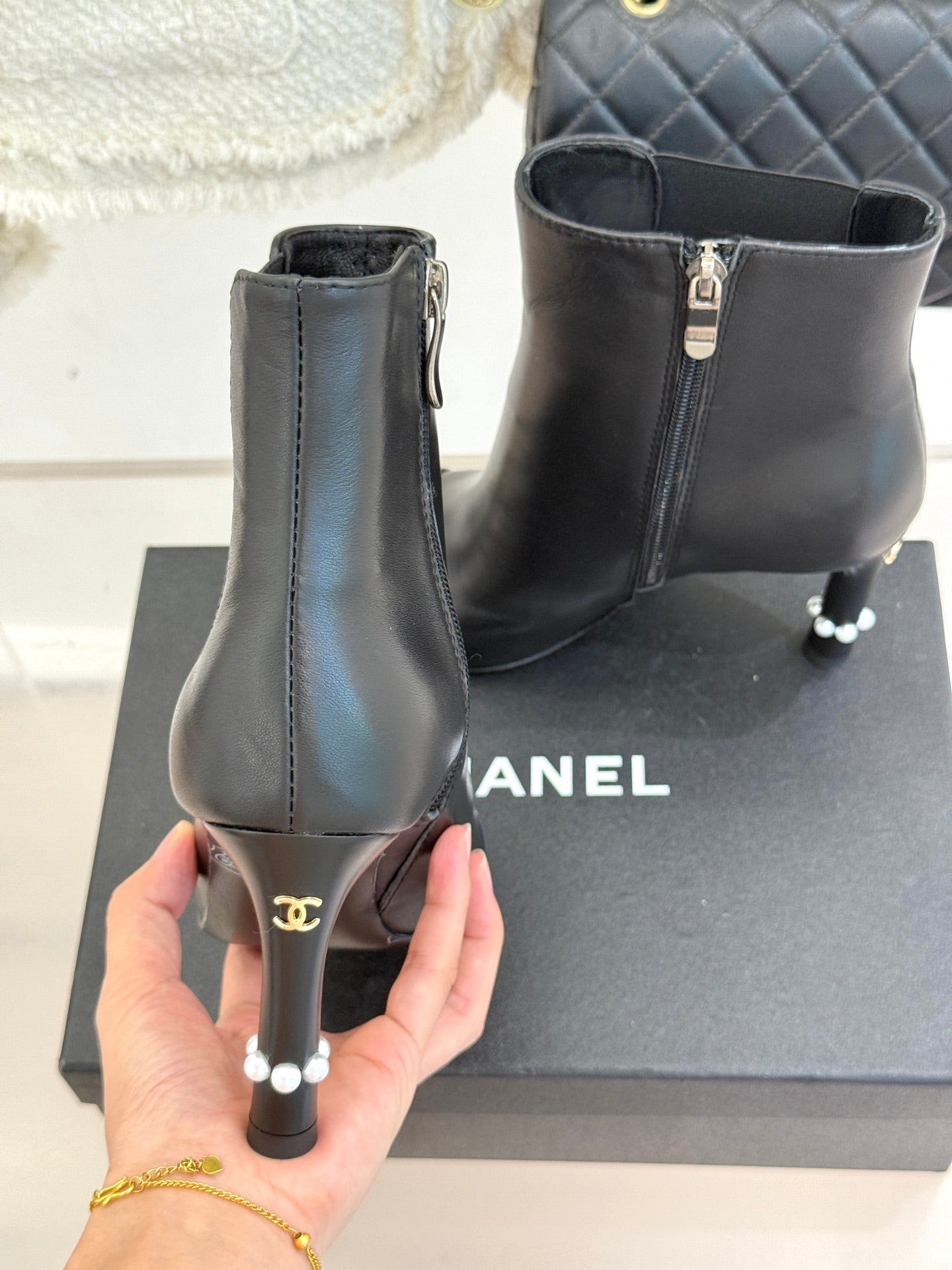 Chanel Classic Color-Block Pearl Heel Ankle Boots
