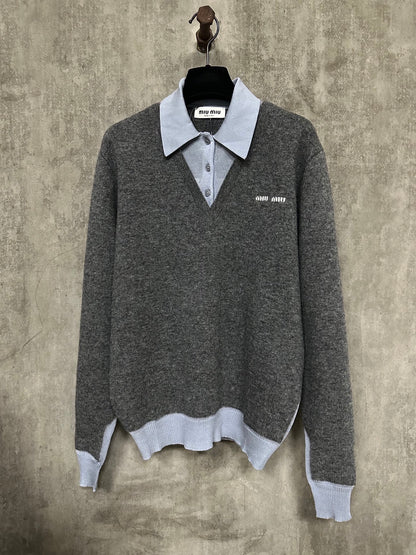 Miu Miu Jacquard Logo Faux Two-Piece Knit Polo Shirt