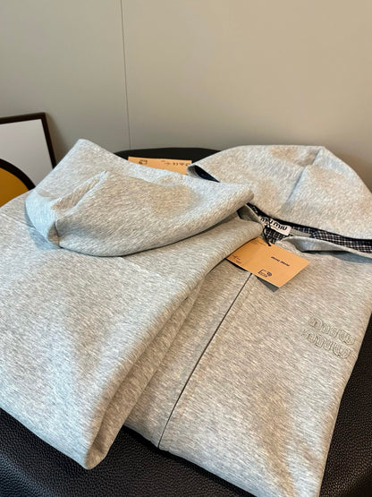 Miu Miu Heavy Patch Logo Plaid Hooded Zip Jacket