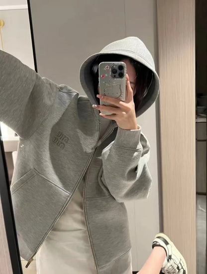 Miu Miu Heavy Patch Logo Plaid Hooded Zip Jacket