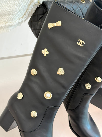 Chanel 25K Double C Metal Buckle High-Heel Long Boots