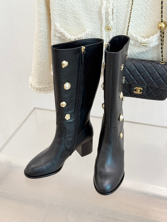 Chanel 25K Double C Metal Buckle High-Heel Long Boots