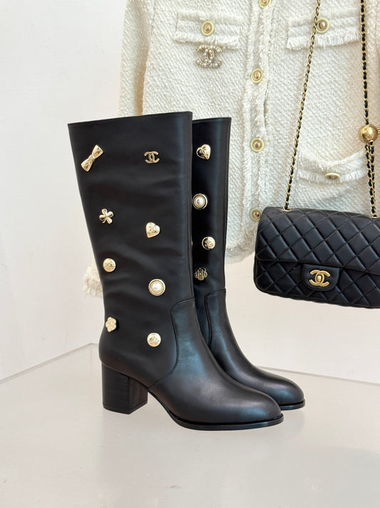 Chanel 25K Double C Metal Buckle High-Heel Long Boots