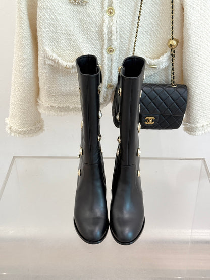Chanel 25K Double C Metal Buckle High-Heel Long Boots