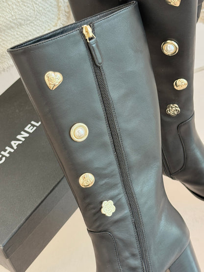 Chanel 25K Double C Metal Buckle High-Heel Long Boots