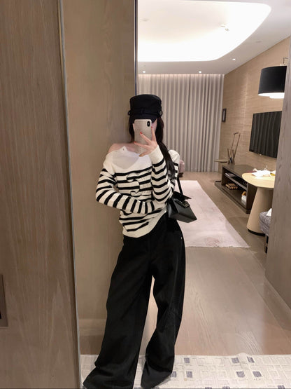 Celine Arc de Triomphe Appliqué Embroidered Striped Knit Sweater